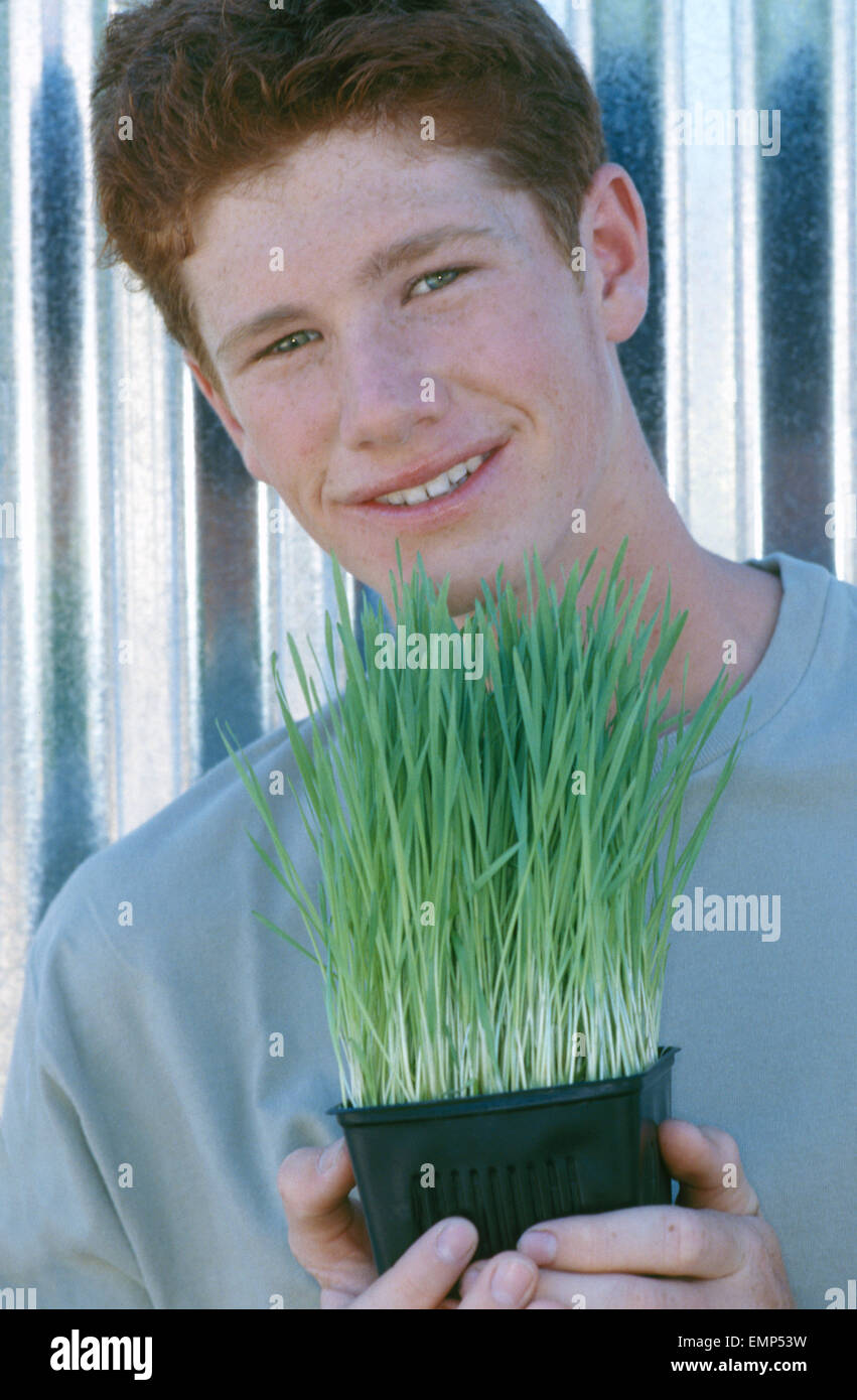Portrait of redhead teenage boy holding container of wheat grass Stock Photo
