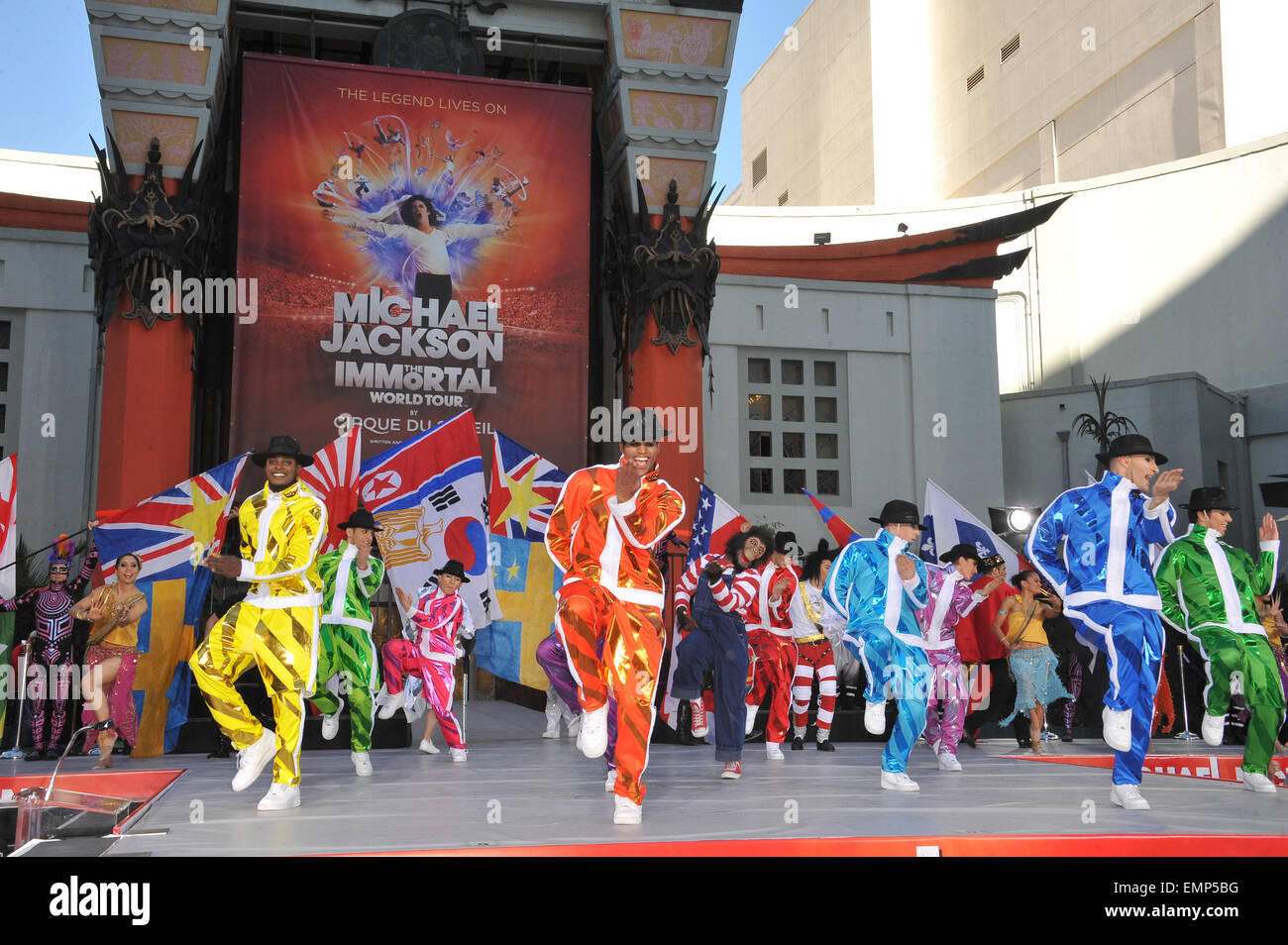 LOS ANGELES, CA - JANUARY 26, 2012: Performers at the memorial celebration for Michael Jackson at Grauman's Chinese Theatre. Cirque du Soleil's new show 'Michael Jackson THE IMMORTAL World Tour' premieres in Los Angeles tomorrow. January 26, 2012 Los Angeles, CA Stock Photo
