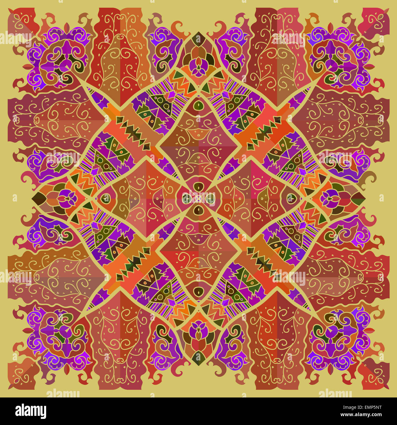 Oriental mandala motif round lase pattern on the yellow background, like snowflake or mehndi paint Stock Photo