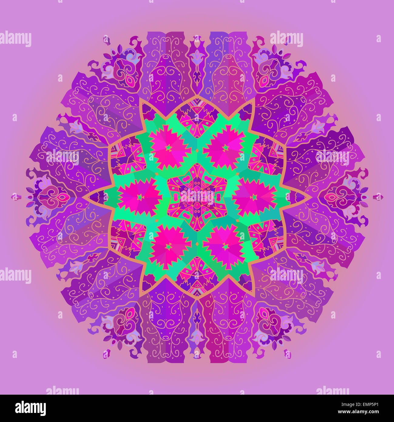 Oriental mandala motif round lase pattern on the violet background, like snowflake or mehndi paint on pink red color background Stock Photo