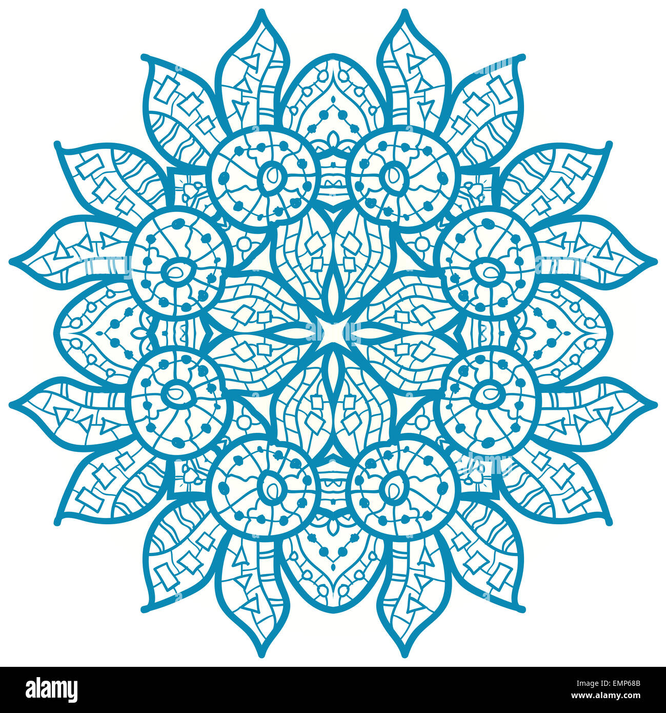 Oriental Blue mandala motif round lase pattern on the white background, like snowflake or mehndi paint Stock Photo