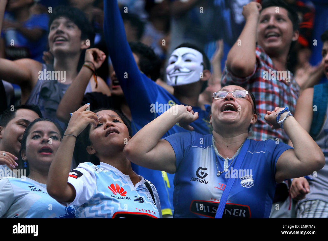 Guayaquil, Ecuador. 22nd Apr, 2015. Emelec's fans of Ecuador celebrate the victory after the match of Copa Libertadores between Emelec and Universidad de Chile, in the George Capwell Stadium, in Guayaquil, Ecuador, on April 22, 2015. Credit:  Str/Xinhua/Alamy Live News Stock Photo
