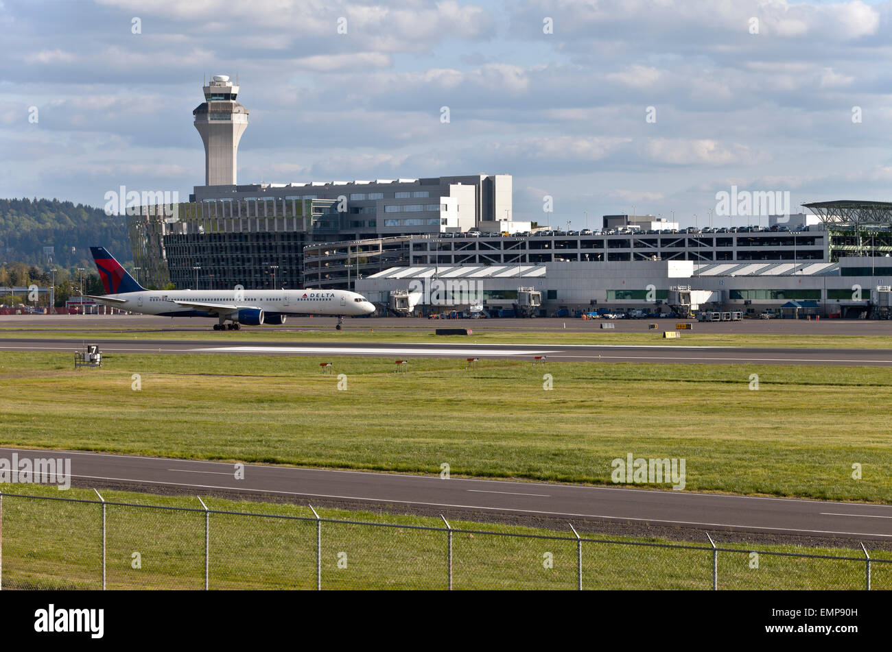 View of Portland Oregon International airport and aircraft coasting. Stock Photo