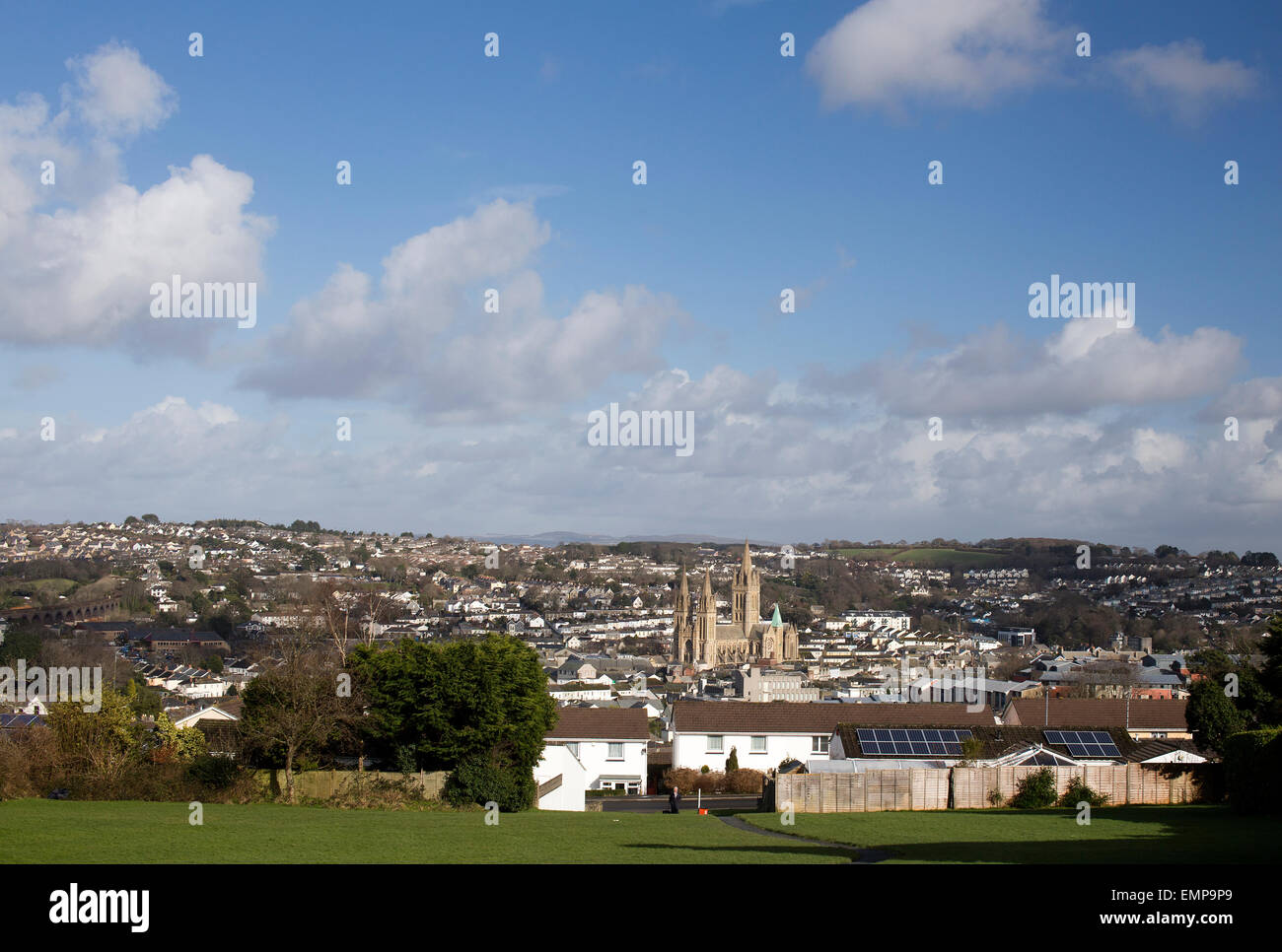 View over the city of Truro with it's dominant cathedral, Cornwall, England, UK. Stock Photo