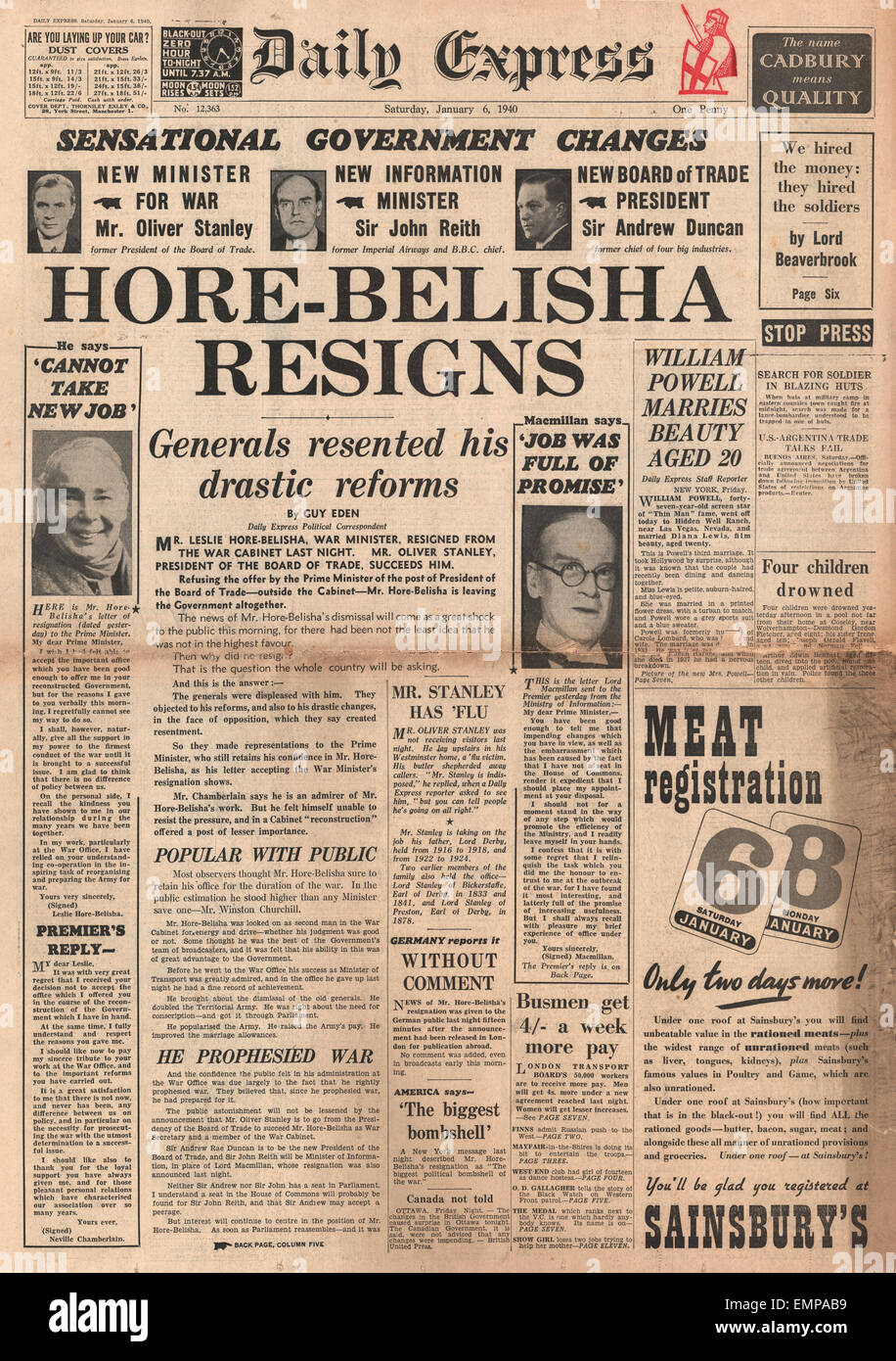 1940 Front PageDaily Express Leslie Hore-Belisha resigns from the British Cabinet Stock Photo