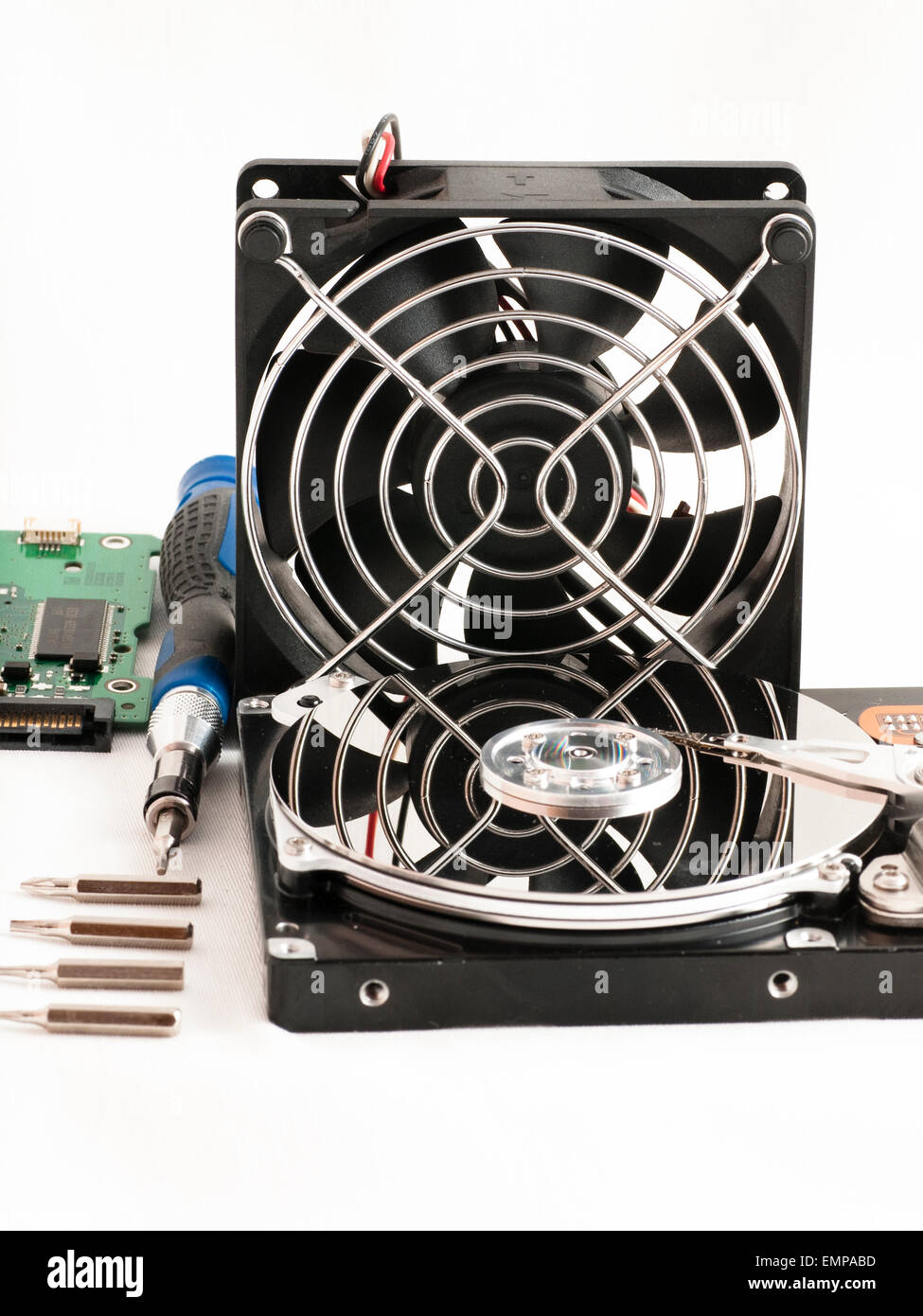 details of hard disk drive open and a fan Stock Photo Alamy