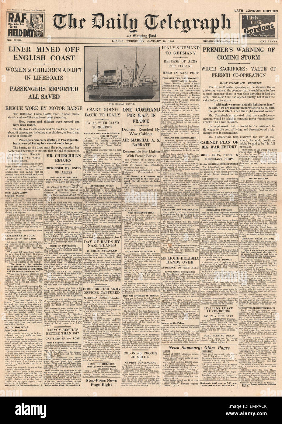 1940 daily telegraph front page hi-res stock photography and images - Alamy