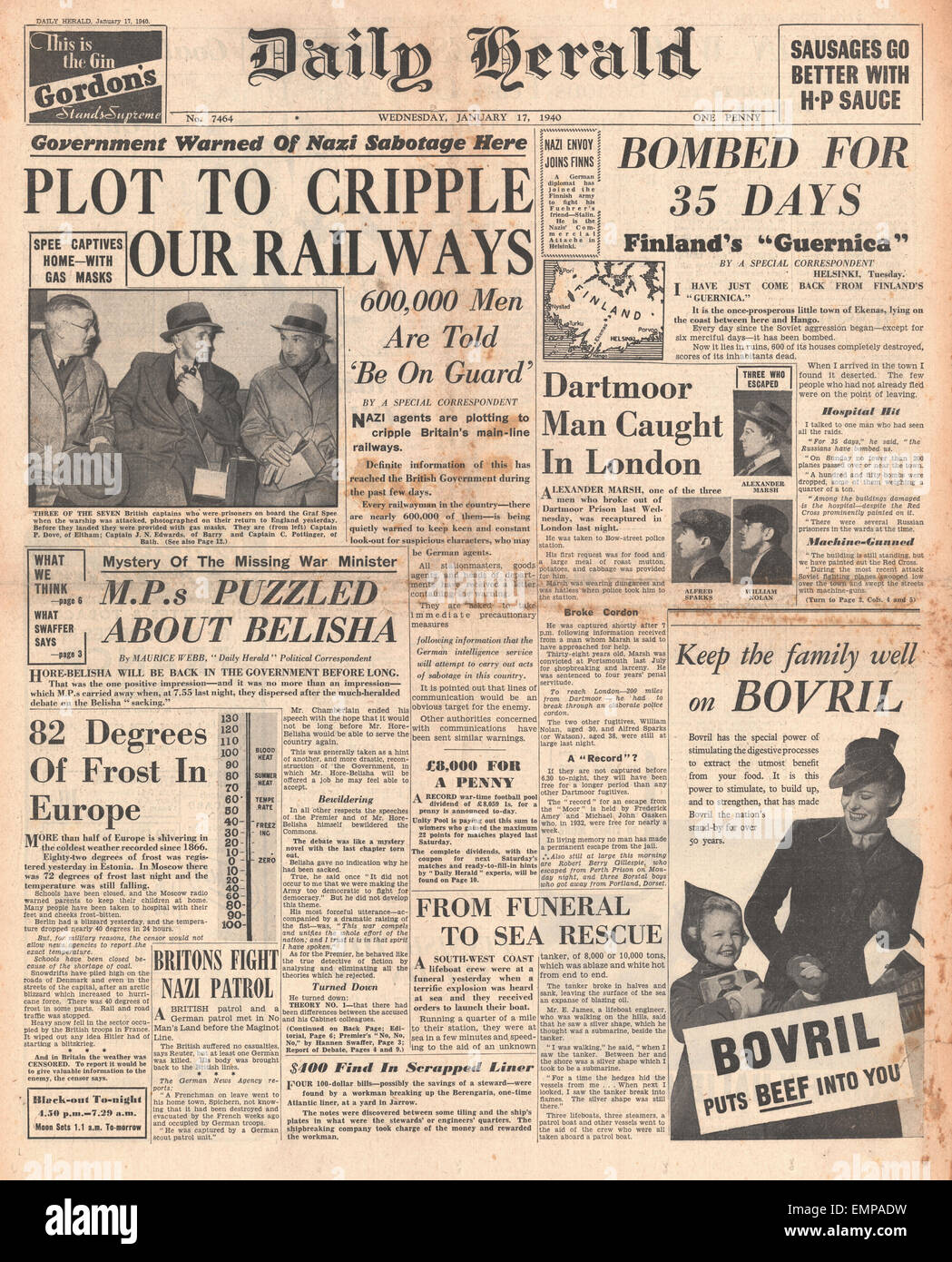 1940 front page Daily Herald German plot to cripple Britains Railways Stock Photo