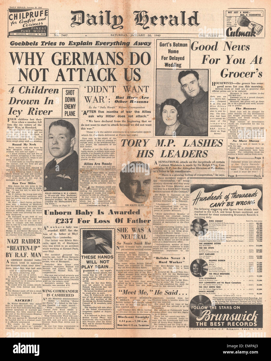 1940 front page Daily Herald Joseph Goebbels Speech Stock Photo