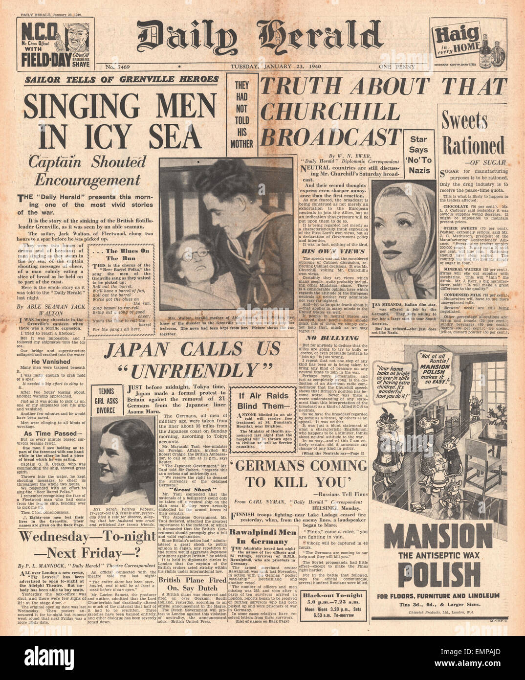 1940 front page Daily Herald Sinking of HMS Grenville Stock Photo