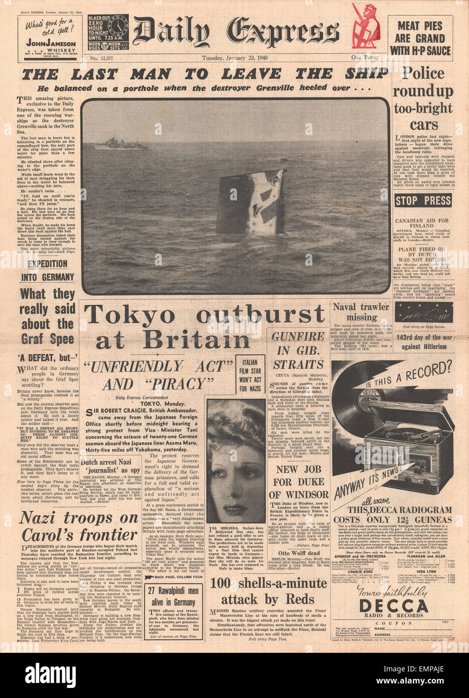 1940 front page Daily Express Sinking of HMS Grenville Stock Photo