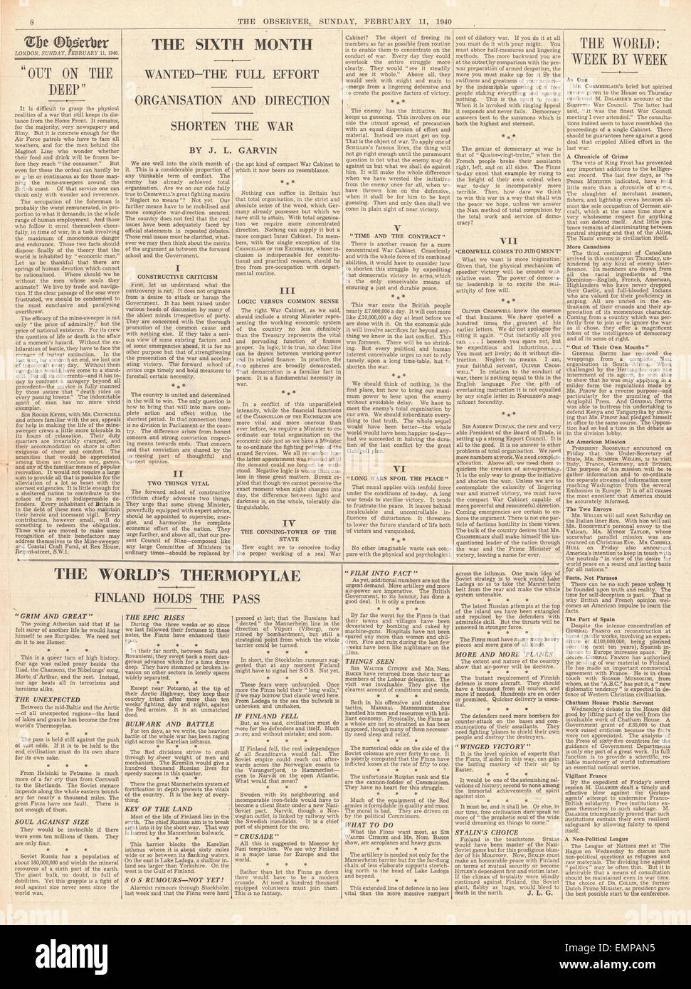 1940 page 9 The Observer U.S.President Roosevelt sends peace envoy Benjamin Sumner Welles to Europe Stock Photo