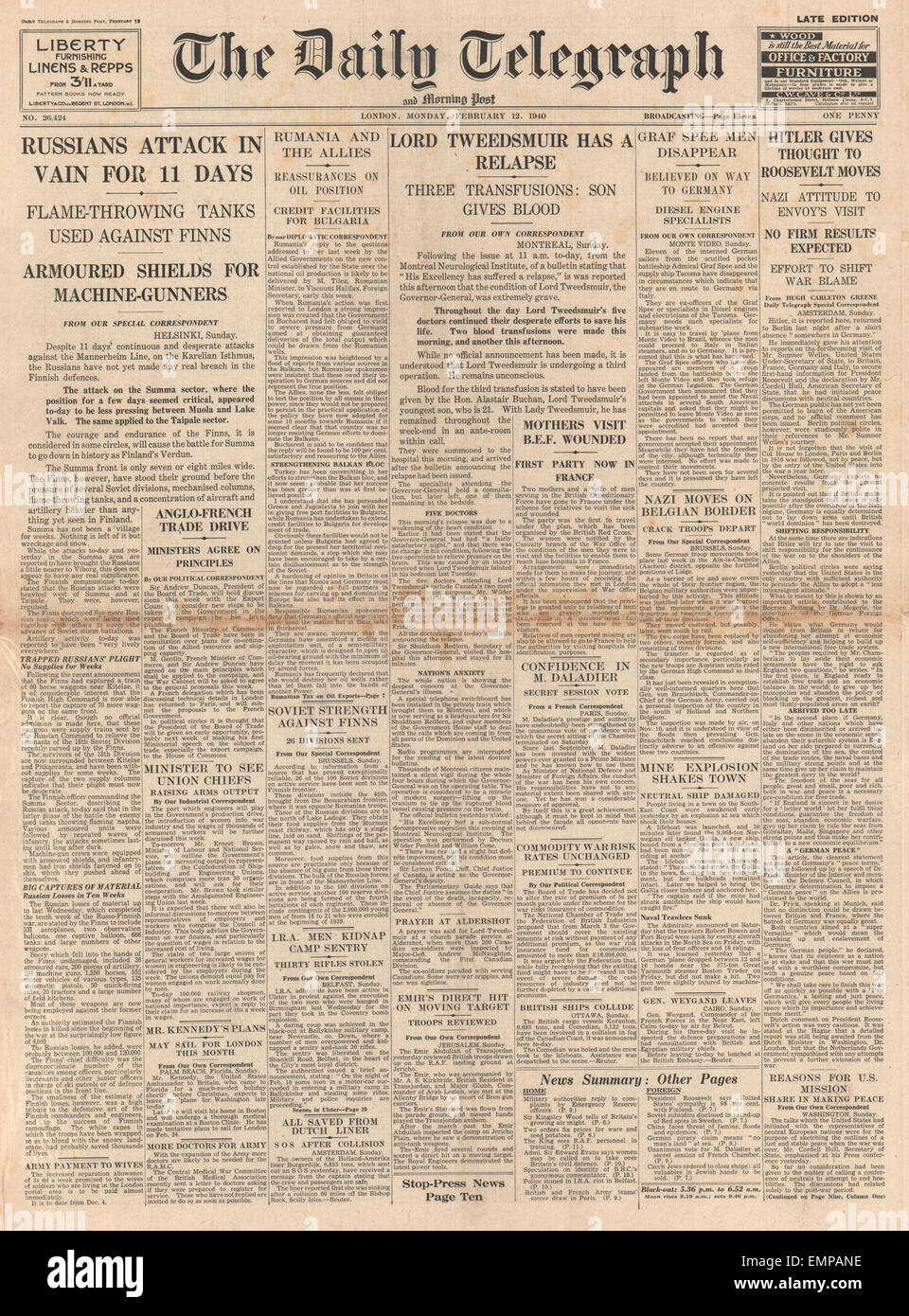1940 front page Daily Telegraph Battle for Finland Lord Tweedsmuir relapse Stock Photo