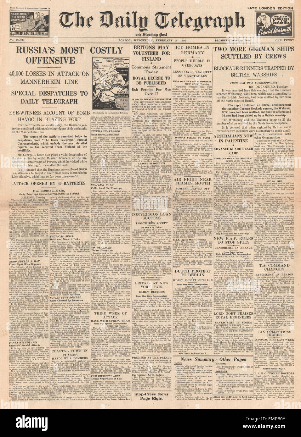 1940 front page Daily Telegraph Russia's costly offensive against Finland British Government backs volunteers for Finland Stock Photo
