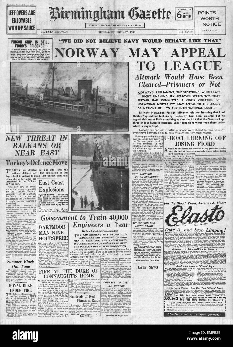 1940 front page Birmingham Gazette Norway may appeal to League of Nations over Altmark incident Stock Photo