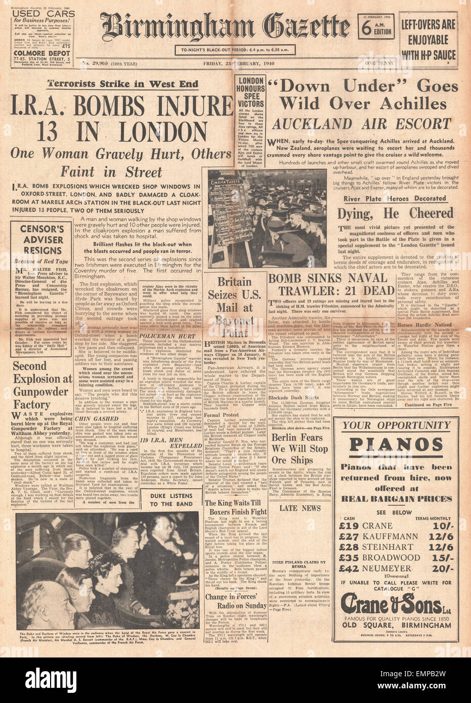 1940 front page Birmingham Gazette Navy honoured for Battle of River Plate I.R.A. bombs explode in London Stock Photo