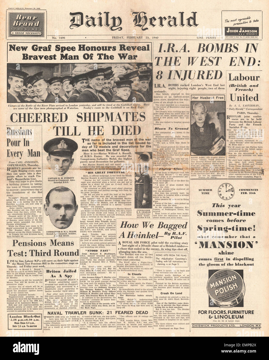 1940 front page Daily Herald Navy honoured for Battle of River Plate I.R.A. bombs explode in London Stock Photo