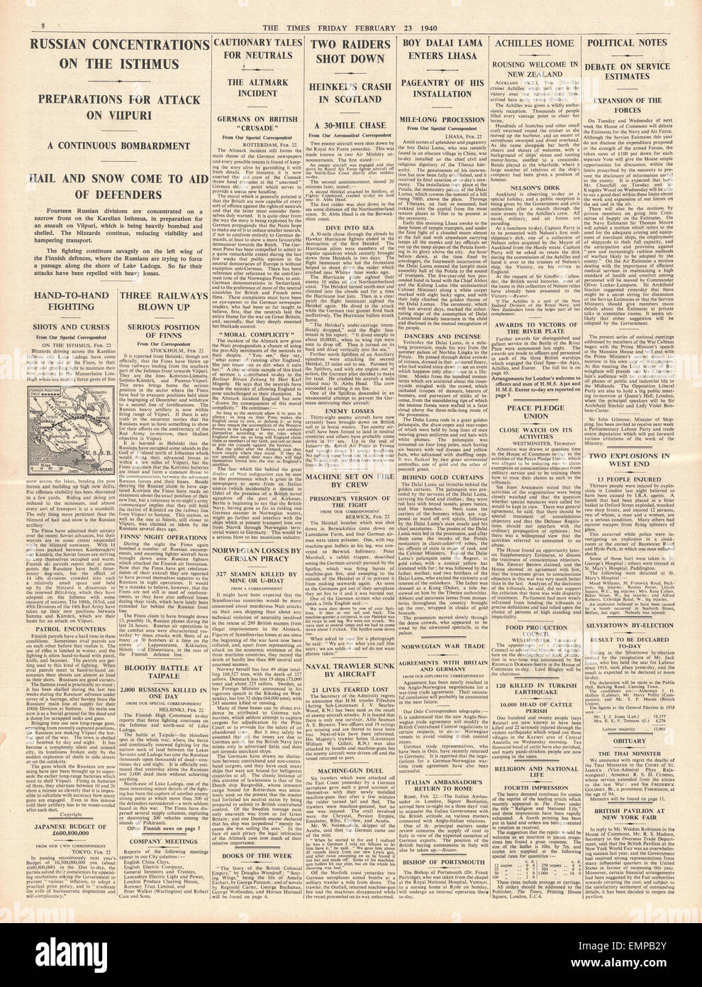1940 page 8 The The Times Navy honoured for Battle of River Plate I.R.A. bombs explode in London Stock Photo