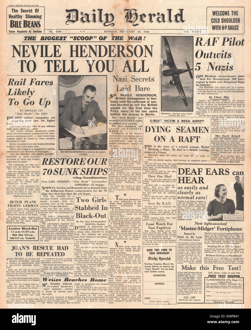 1940 front page Daily Herald British Ambassador to Germany Nevile Henderson tells full story of war outbreak Stock Photo
