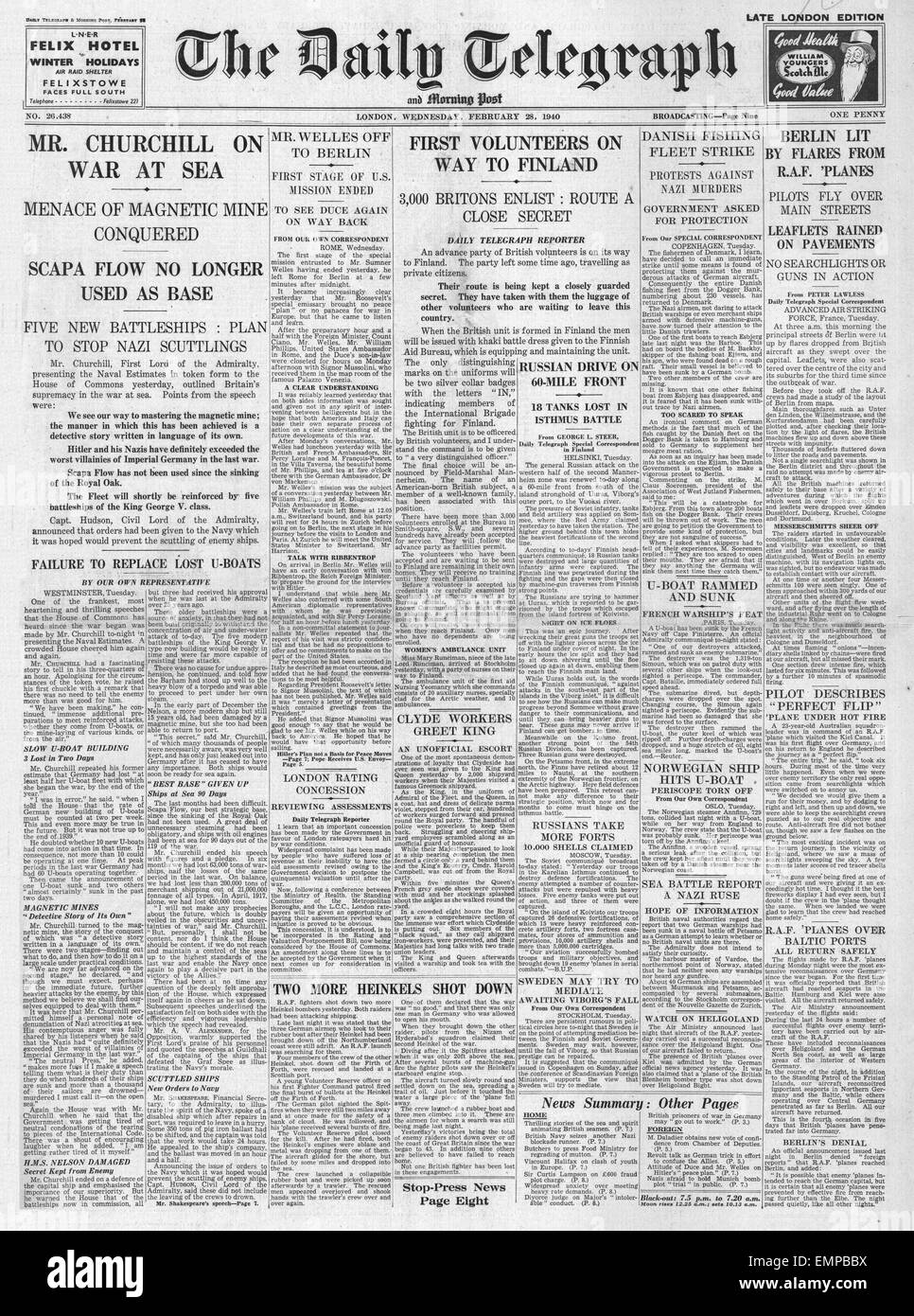 1940 front page Daily Telegraph Churchill claims Britains control of the seas peace envoy Benjamin Sumner Welles in Italy Stock Photo
