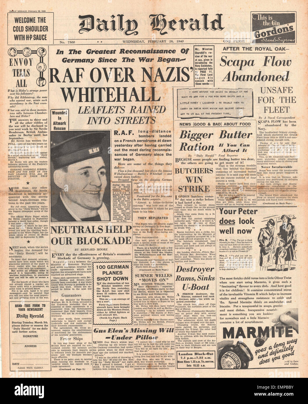 1940 front page Daily Herald Winston Churchill announces closure of Scapa Flow to the Royal Navy RAF drop leaflets over Stock Photo