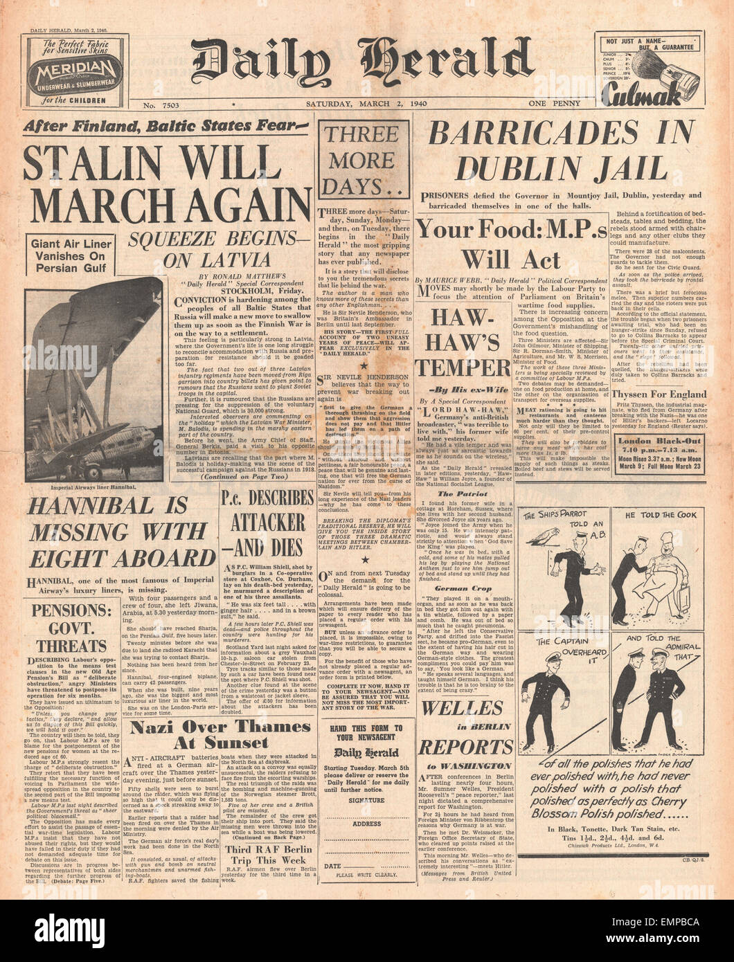 1940 front page Daily Herald Unrest at Mountjoy Jail in Dublin, Russia Threatens the Baltic States Stock Photo