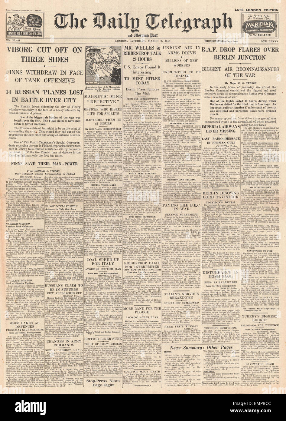 1940 front page Daily Telegraph Finnish City of Cut Off, Sumner