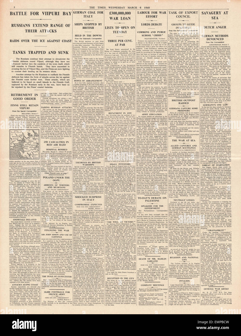 1940 page 8 The Times Battle for Viipuri Bay in Finland, Coal embargo in Italy, Dutch anger on German actions against shipping Stock Photo