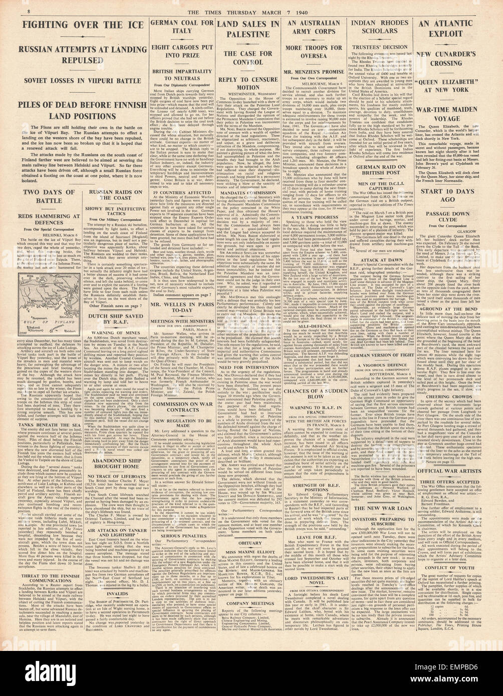 1940 page 8 The Times Battle for Viipuri Bay in Finland, Coal embargo in Italy, Liner Queen Elizabeth crosses Atlantic to New Stock Photo