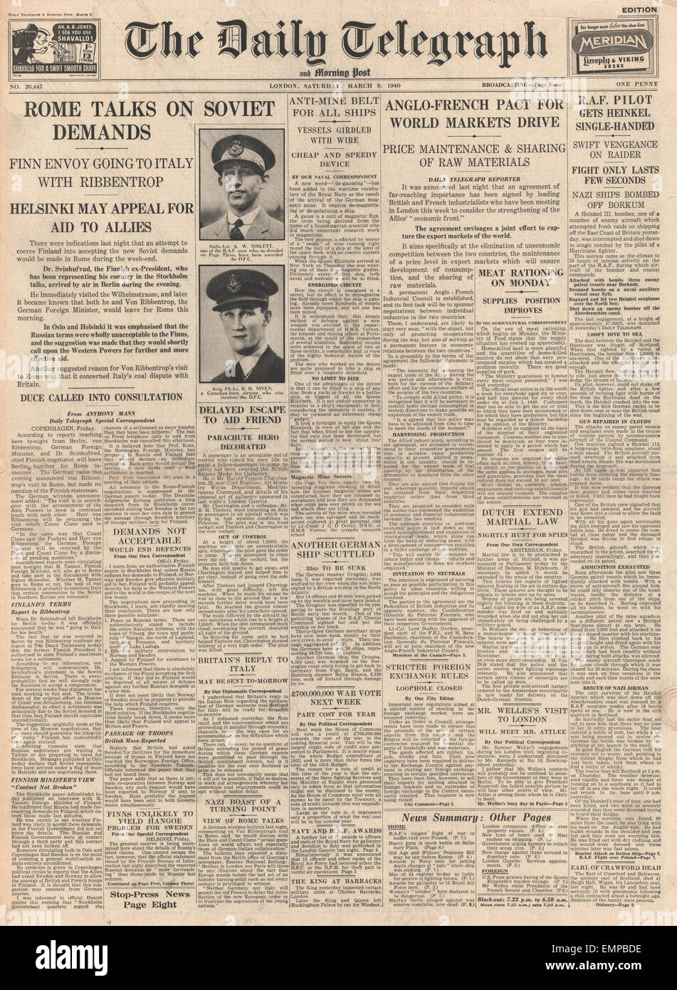 1940 daily telegraph front page hi-res stock photography and images - Alamy