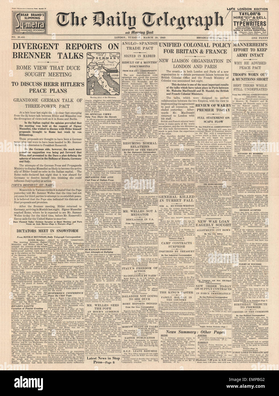 1940 front page Daily Telegraph Hitler Mussolini Agree on peace plan Stock Photo