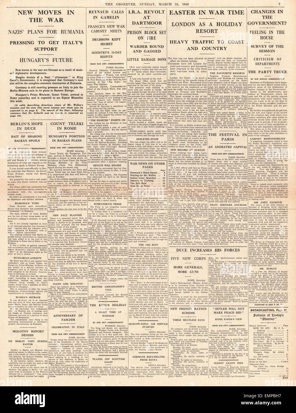 1940  page 7 The Observer German Diplomacy in Balkans Dartmoor Prison Riot Stock Photo