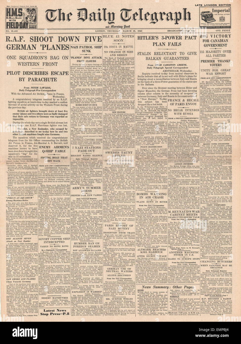 1940 front page Daily Telegraph Aerial Battles between RAF Luftwaffe ...