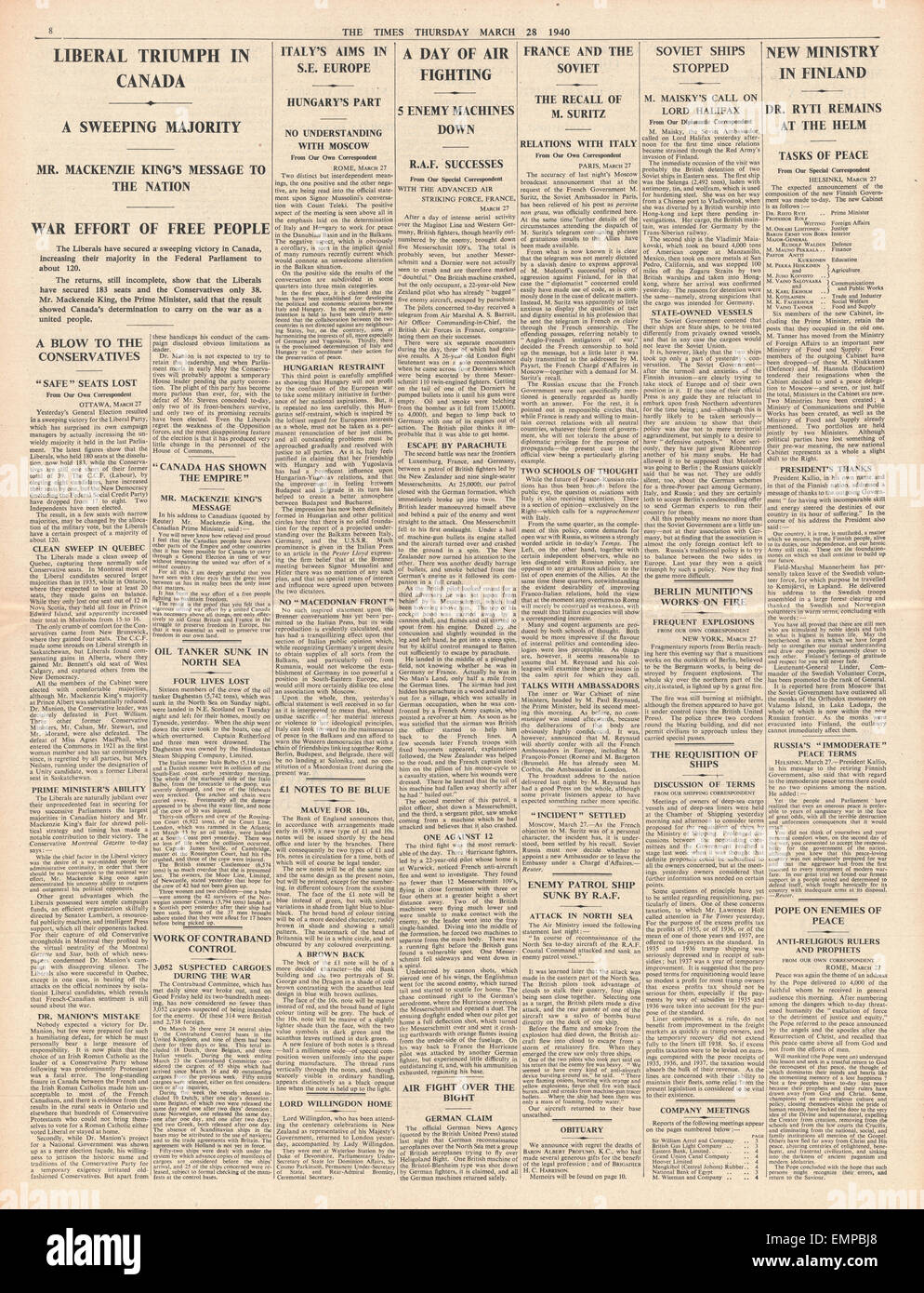 1940 page 8 The Times Mackenzie King the Liberal Party Win Canadian General Election Stock Photo