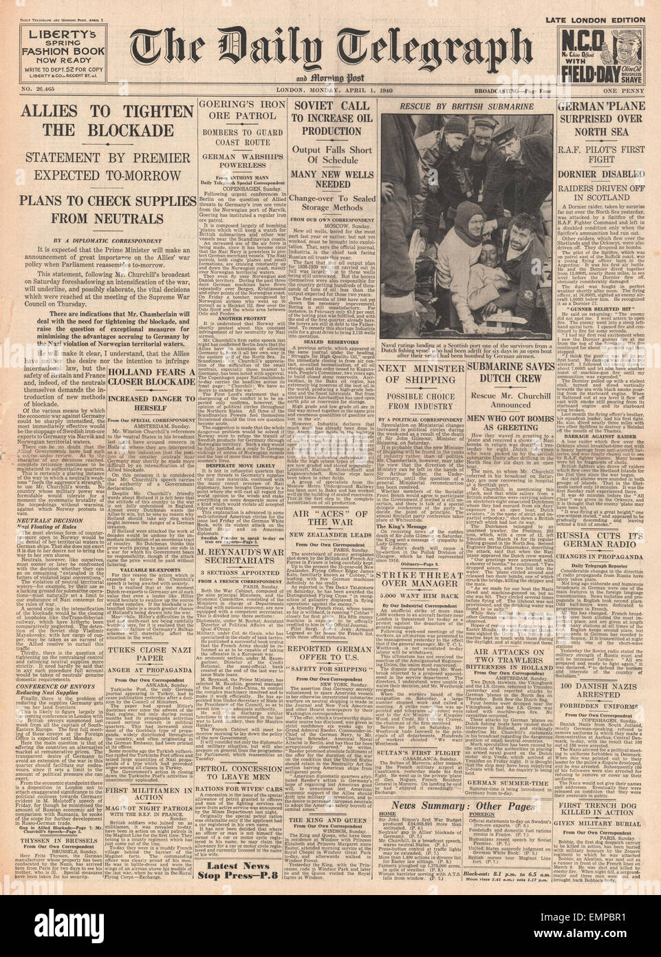 1940 daily telegraph front page hi-res stock photography and images - Alamy