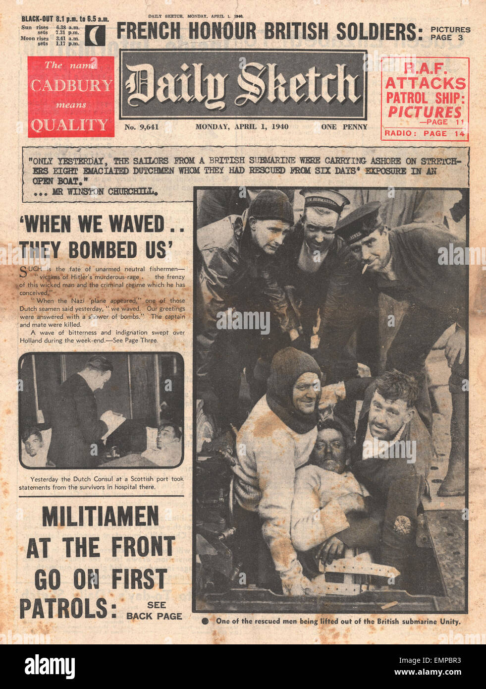 1940 front page Daily Sketch Survivors of submarine HMS Unity after ...