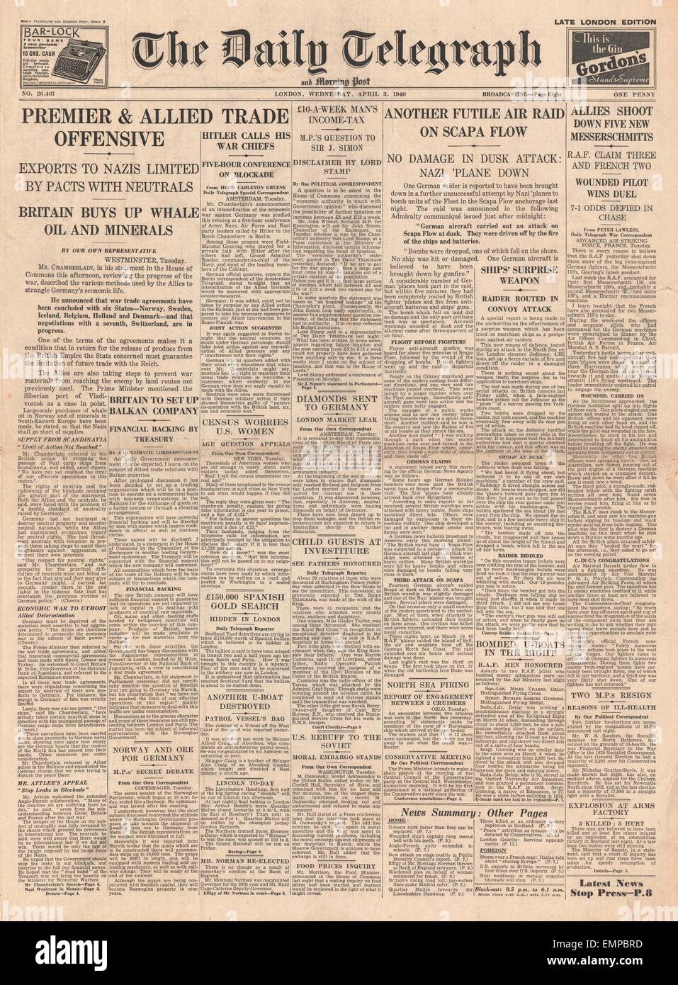 1940 front page Daily Telegraph Prime Minister Neville Chamberlain on Allied economic blockade of Germany air raid on Scapa Stock Photo