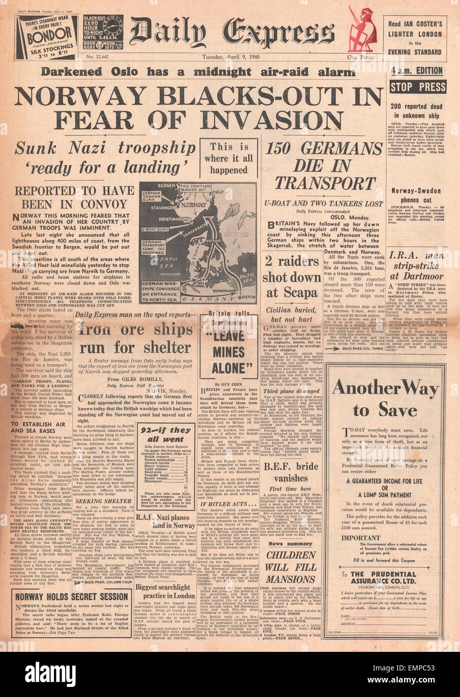 1940 front page Daily Express Black-out in Norway over invasion fears Stock Photo