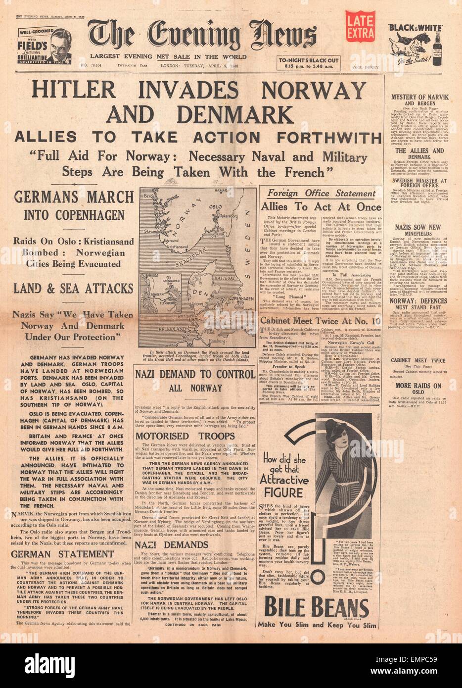 1940 front page Evening News (London) Germany invades Norway Denmark Stock Photo