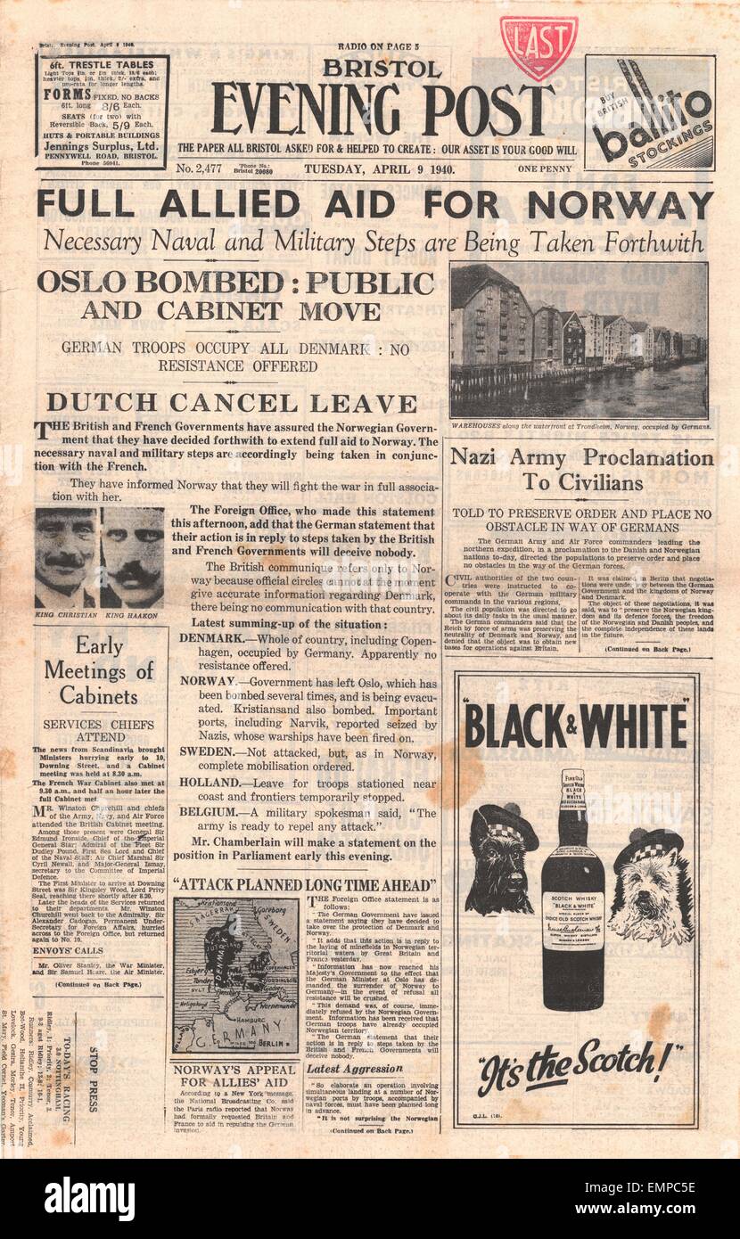 1940 front page Bristol Evening Post Germany invades Norway Allies assure full military aid
