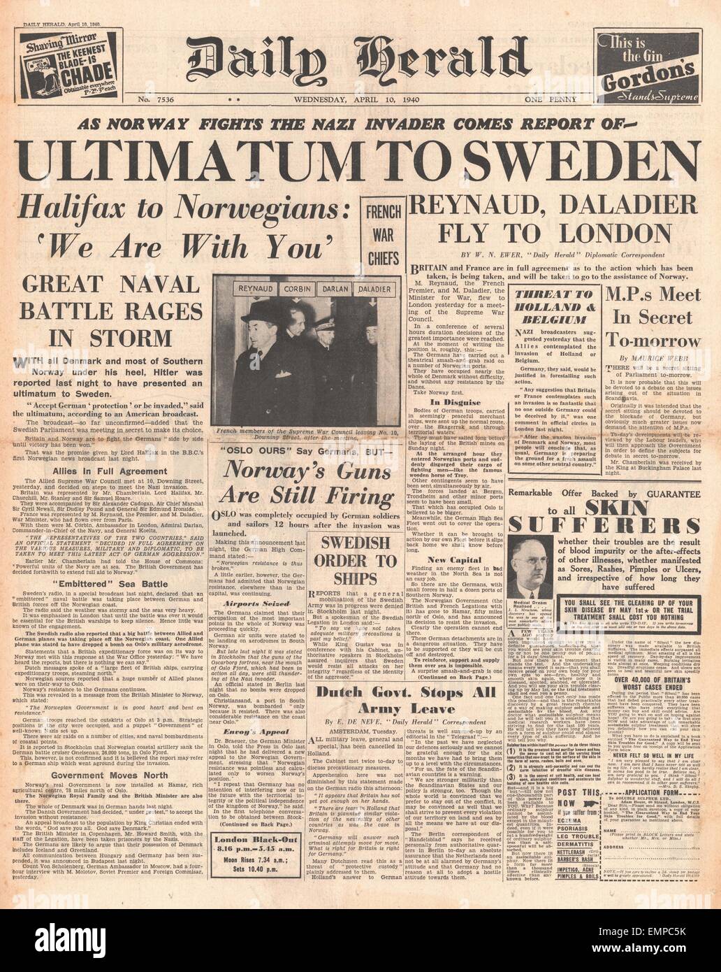1940 front page Daily Herald Reported German ultimatum to Sweden Stock Photo