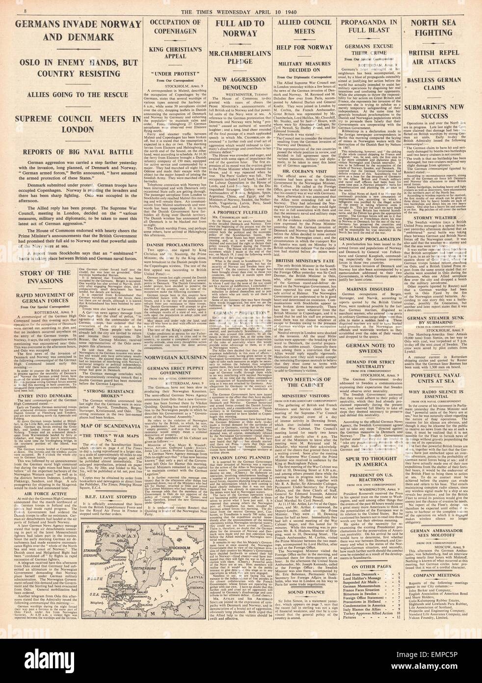 1940 page 8 The Times  Germany invades Norway Denmark Stock Photo