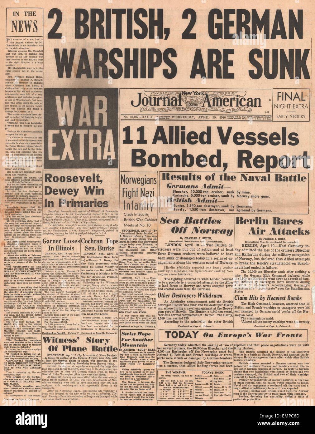 1940 front page New York Journal American German cruisers Blucher Karlsruhe sunk off Norway Stock Photo