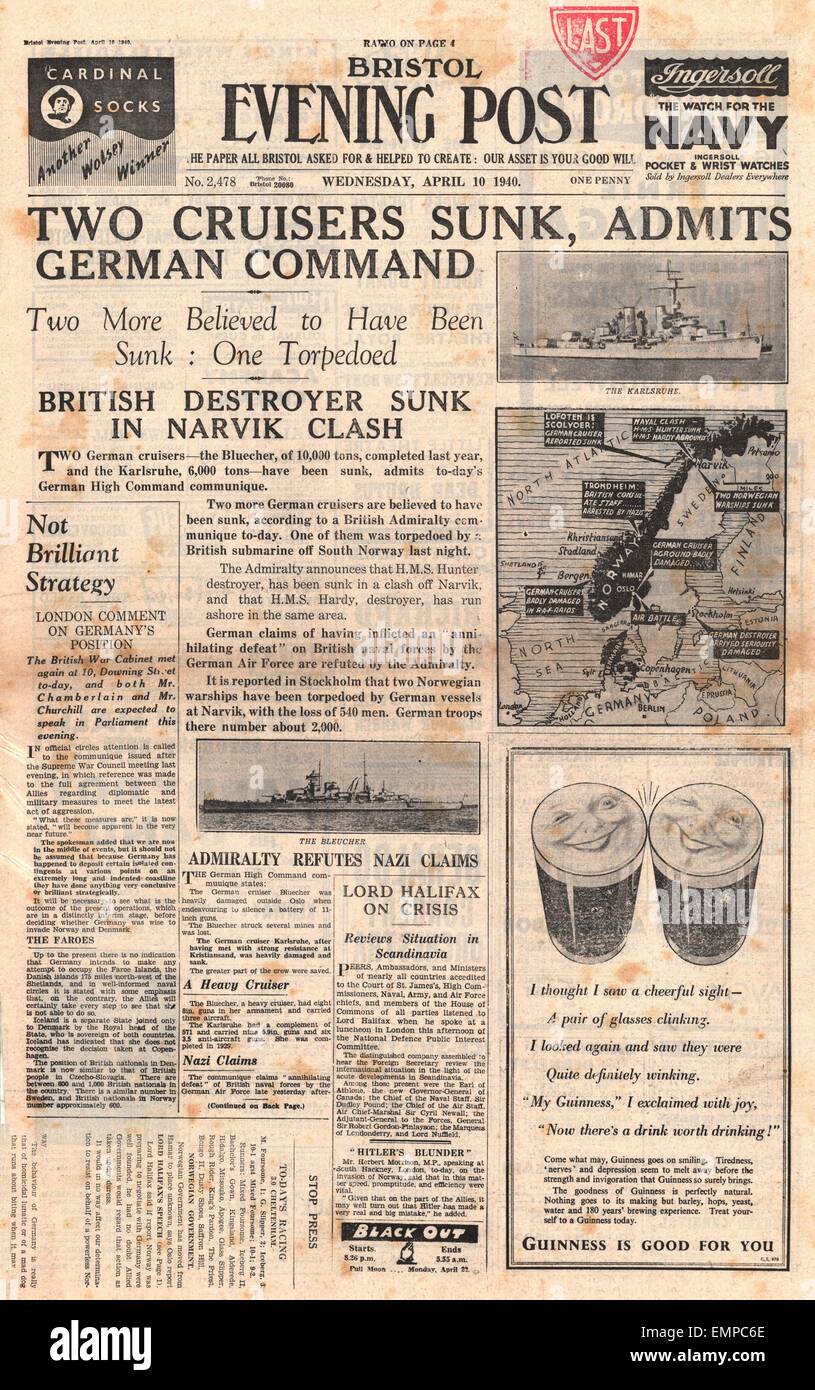 1940 front page Bristol Evening Post German cruisers Blucher Karlsruhe sunk off Norway Stock Photo