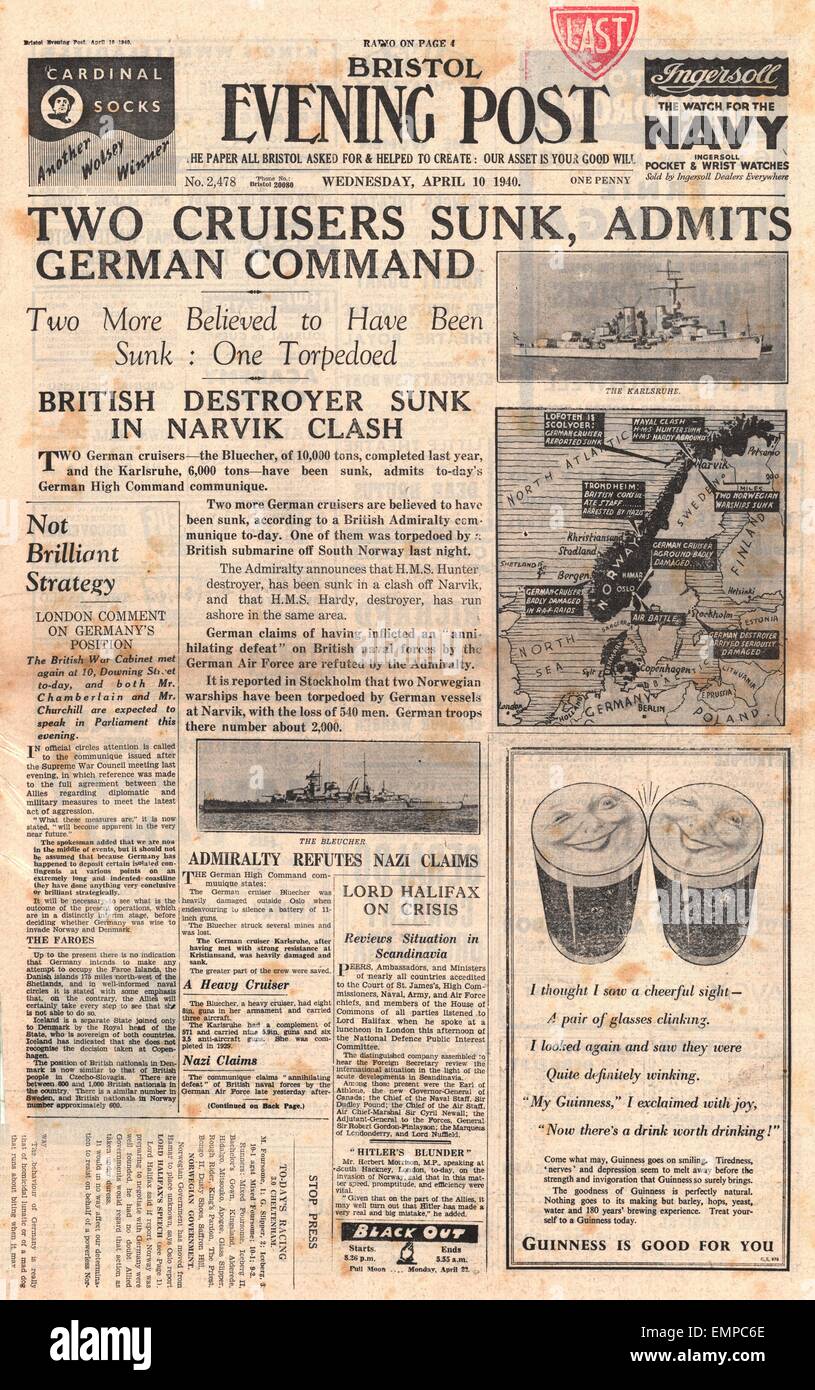 1940 front page Bristol Evening Post German cruisers Blucher Karlsruhe