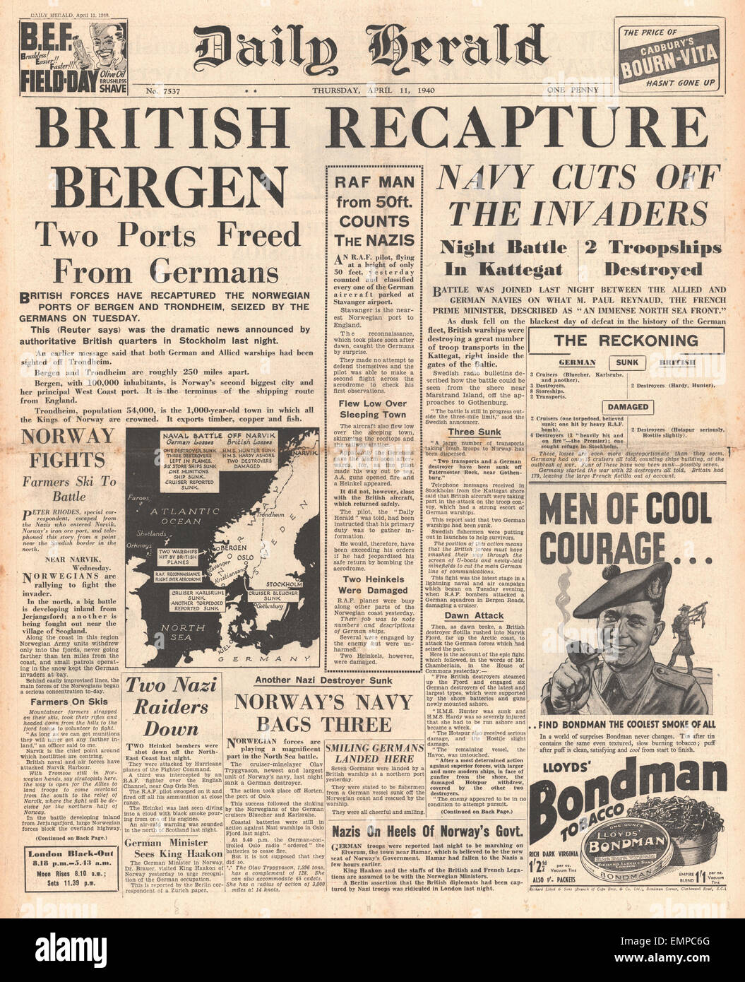 1940 front page Daily Herald British forces recapture Bergen Stock Photo