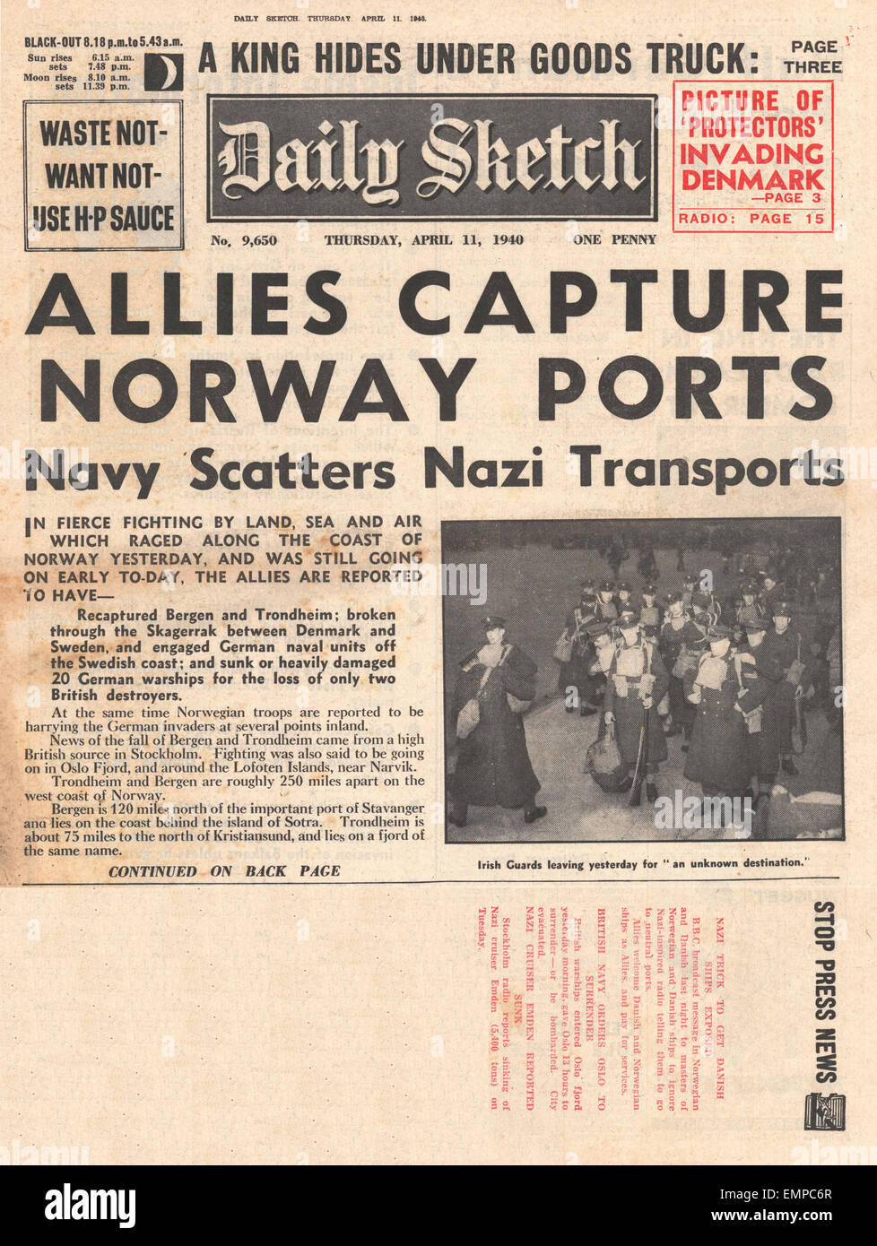 1940 front page Daily Sketch British forces recapture Bergen Trondheim Stock Photo