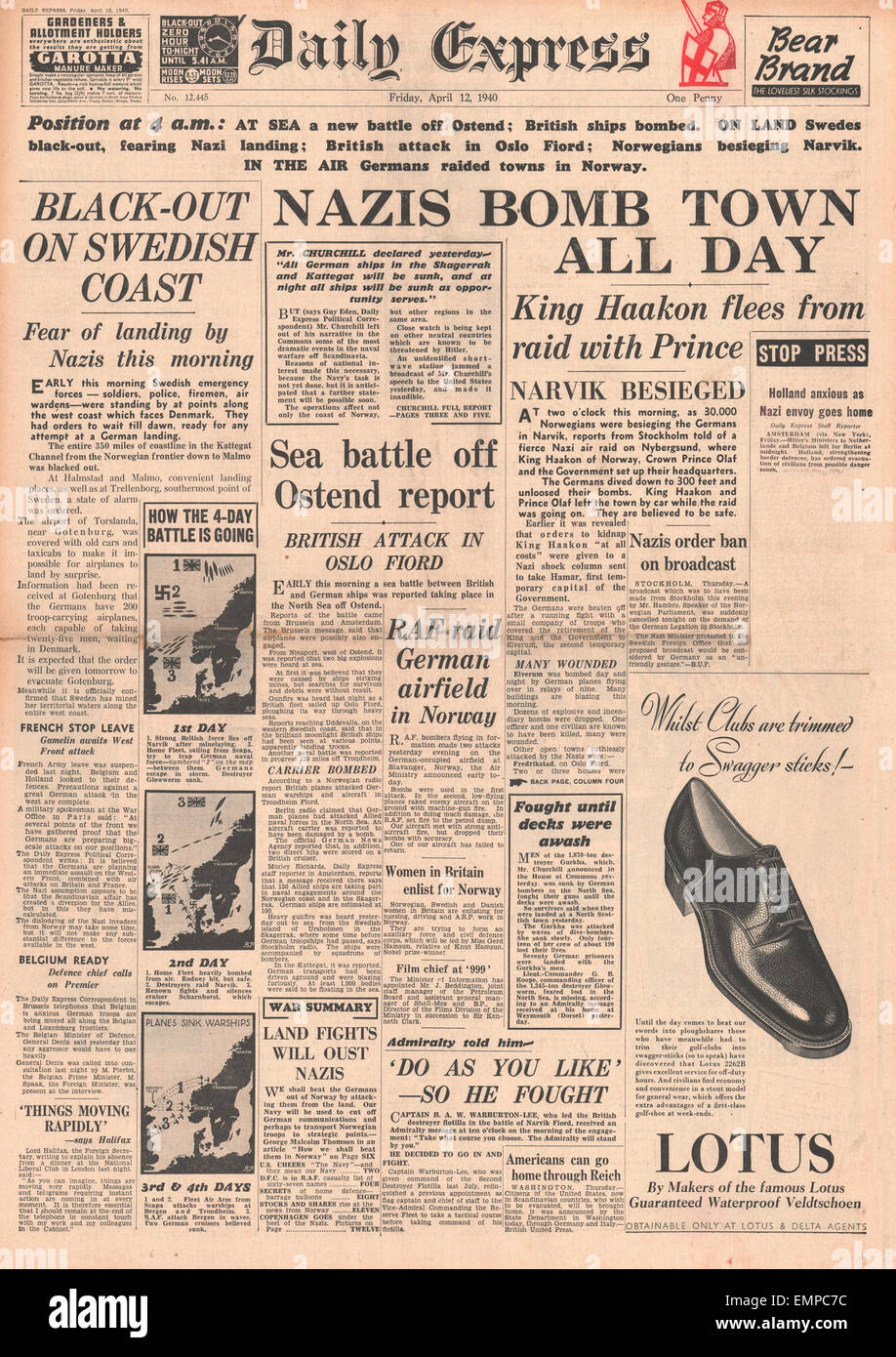 1940 front page Daily Express German air raids on Norway Stock Photo