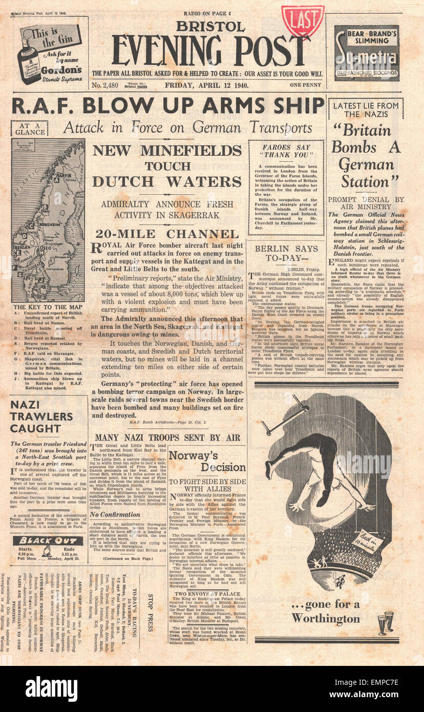 1940 front page Bristol Evening Post RAF sink German supply ship Stock ...