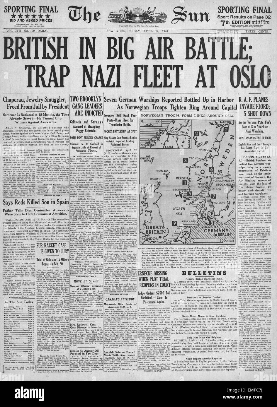 1940 front page The Sun (New York) Battle for Norway Stock Photo